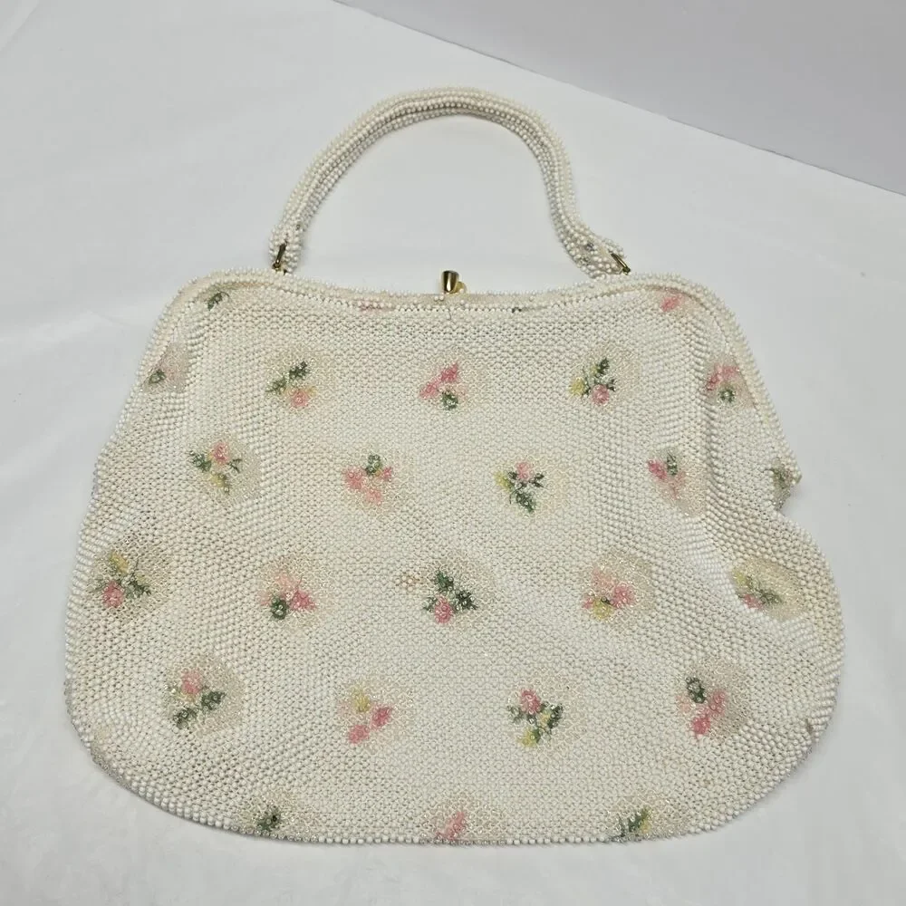 Vintage 1950s White Cream Hand Beaded Pink Green Flowers Purse Bag By Lumured